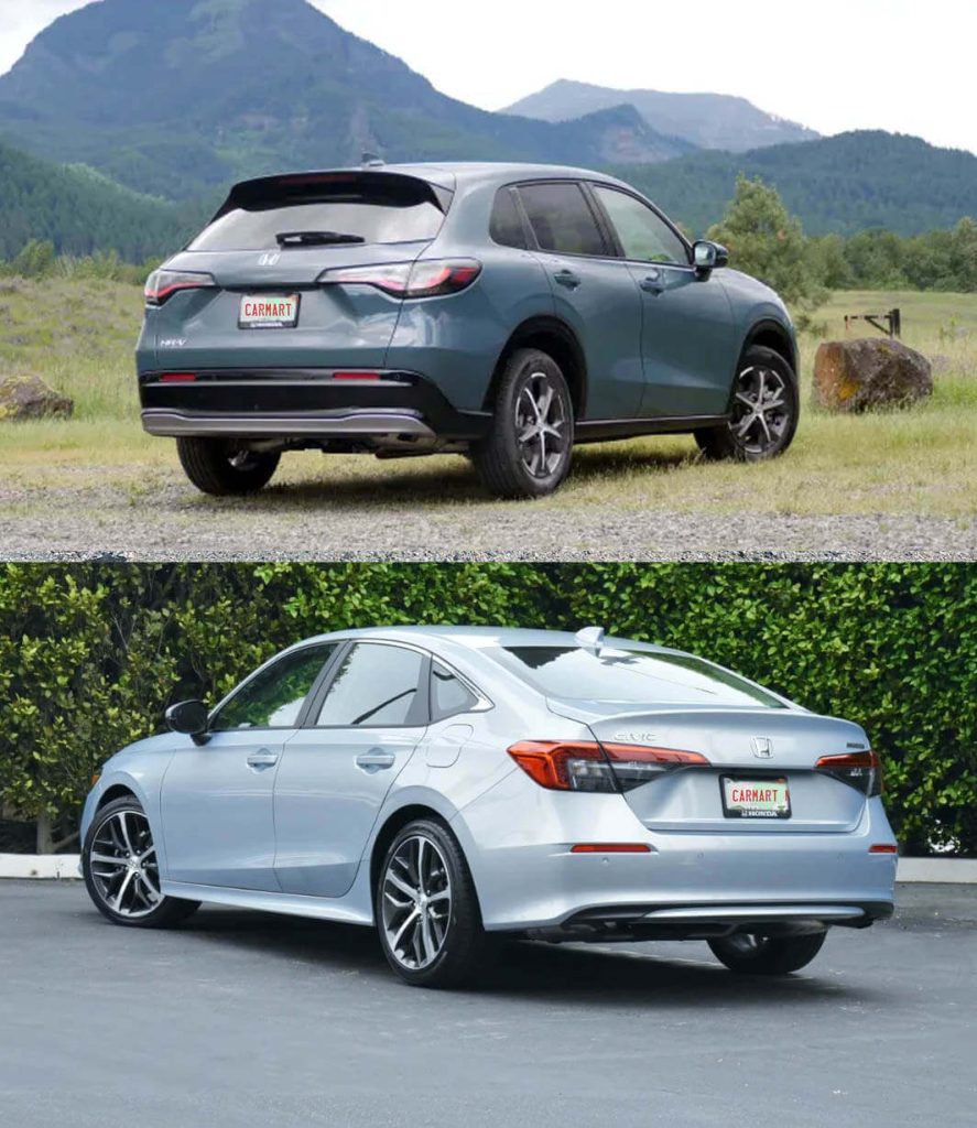 2023 Honda HR-V over the 2022 Honda Civic back view