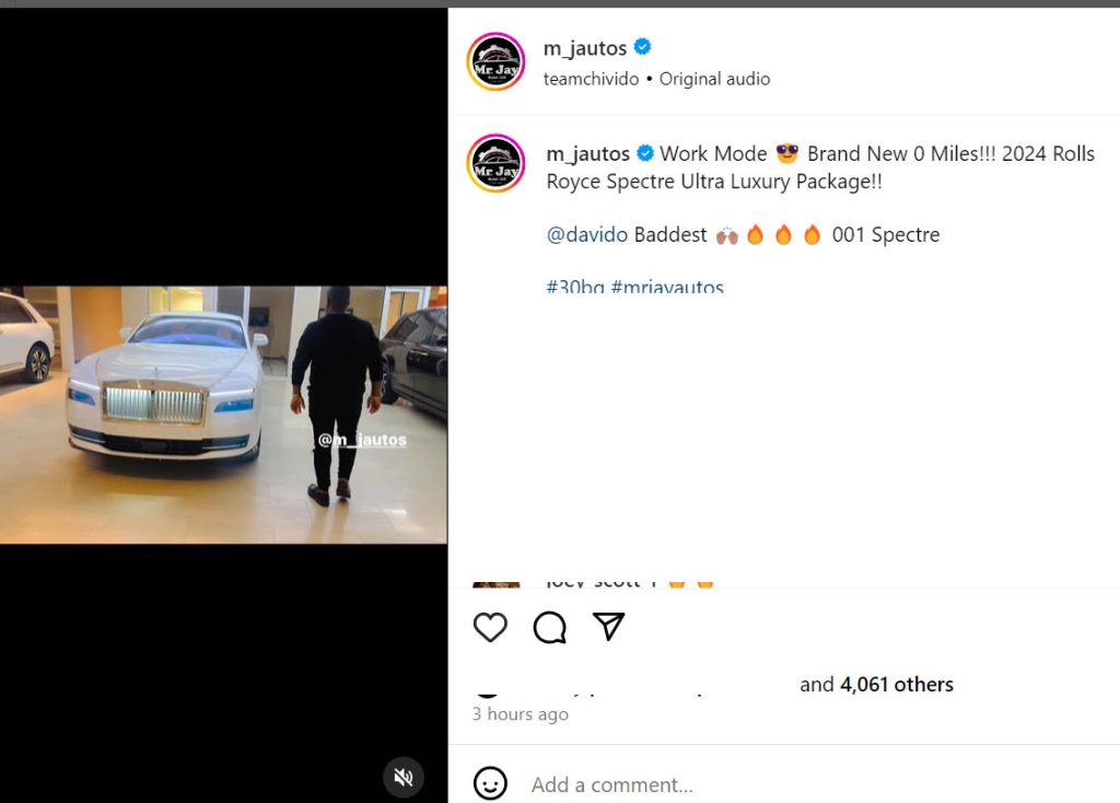 Davido’s 2024 Rolls Royce Spectre