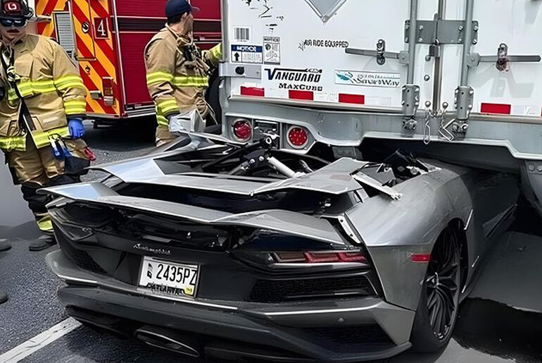 Driver Crashes Rental Lamborghini Aventador Under a Lorry