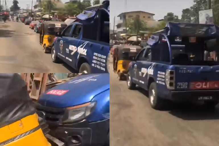 Video Goes Viral As Keke Napep Tows Police Hilux In Lagos