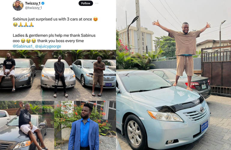 Mr funny Aka Investor Sabinus splashes tens of Millions Of Naira as he gifts 3 cars to his team