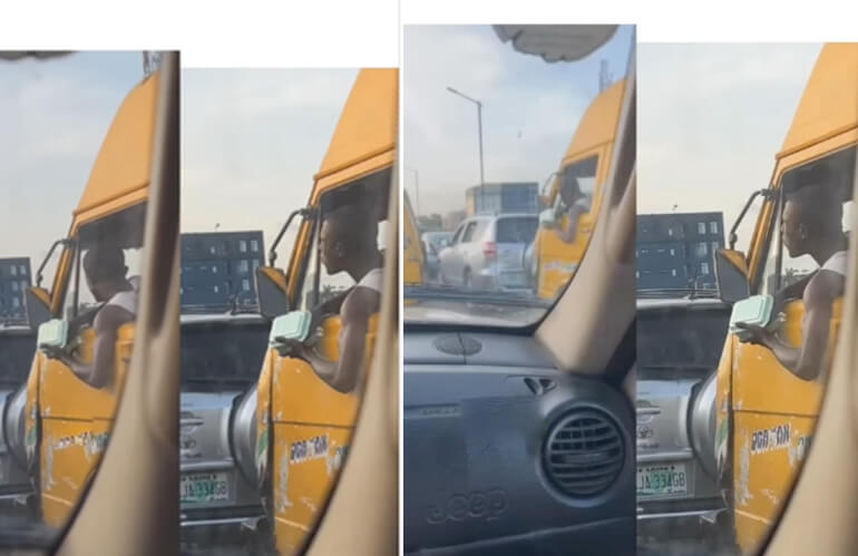 The Moment A Lagos Danfo Driver Was Spotted Eating While Waiting In Traffic, Video Goes Viral